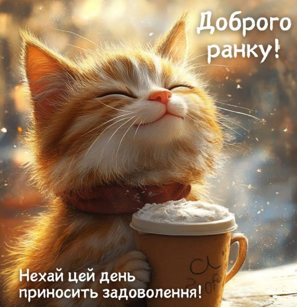 Листівка Доброго ранку з котиком та кавою