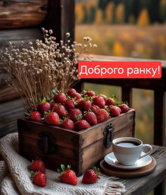 Листівка Доброго ранку з полуницею та кавою