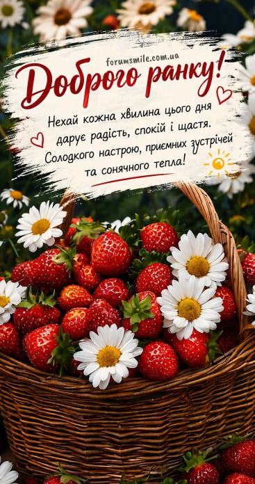Листівка Доброго ранку з полуницею та ромашками