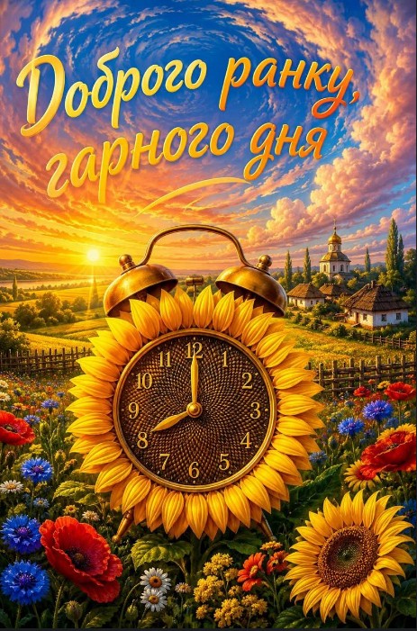 Листівка Доброго ранку, гарного дня з соняшниками