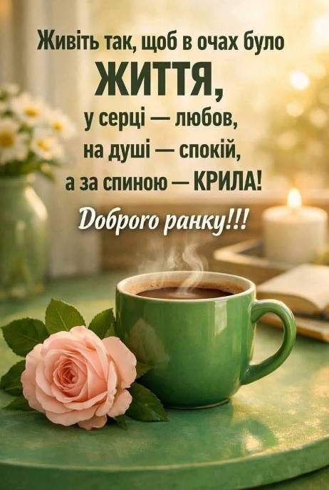 Красива листівка з побажанням любові, спокою та крил за спиною.