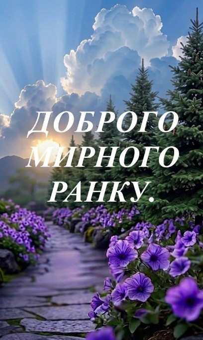 Листівка Доброго мирного ранку з квітами та краєвидом