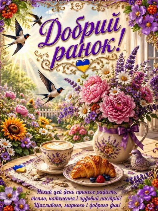 Листівка Добрий ранок з квітами, кавою та круасаном