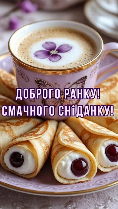 Листівка Доброго ранку: кава з млинцями та квітами