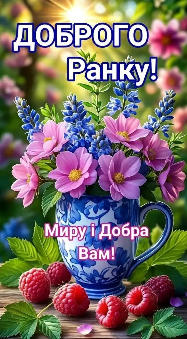 Листівка Доброго ранку з квітами та малиною