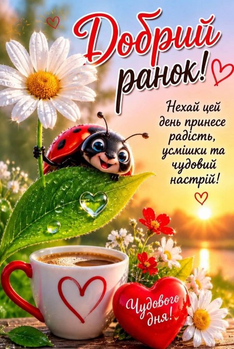 Добрий ранок з побажанням чудового дня для гарного настрою.