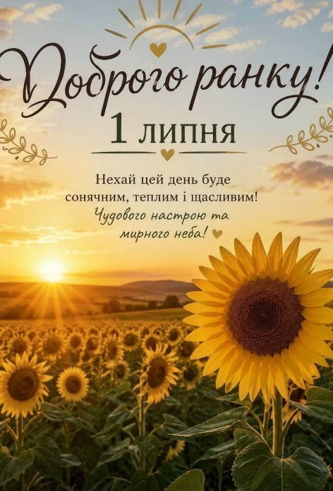Листівка Доброго ранку 1 липня — Соняшники та тепле побажання