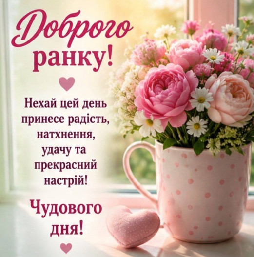 Листівка Доброго ранку: ніжний букет квітів у чашці