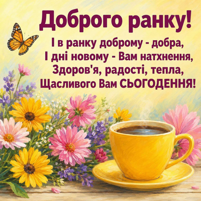 Листівку з побажанням доброго ранку, квітами та горнятком кави. 