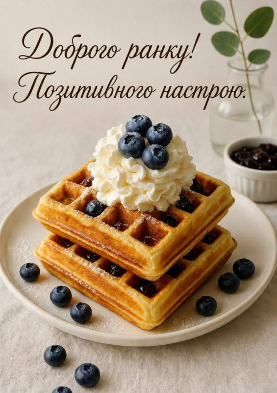 Ранковий настрій, смачні вафлі з чорницею та тепле привітання. 