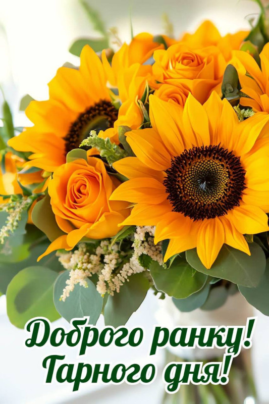 Листівка Доброго ранку та гарного дня з соняшниками