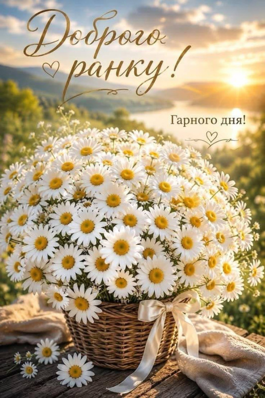 Листівка Доброго ранку: ніжний букет ромашок у кошику
