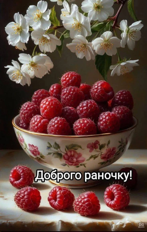 Листівка Доброго раночку з малиною та квітами