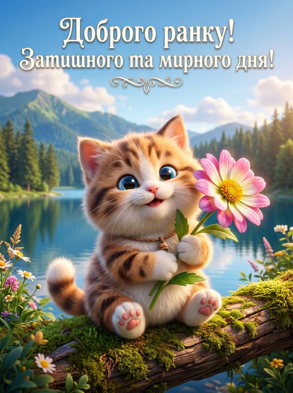 Листівка Доброго ранку: миле кошеня з квіткою