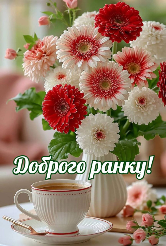 Листівка Доброго ранку з квітами та кавою