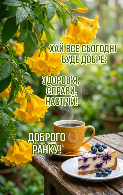 Листівка Доброго ранку з квітами та чорничним чізкейком