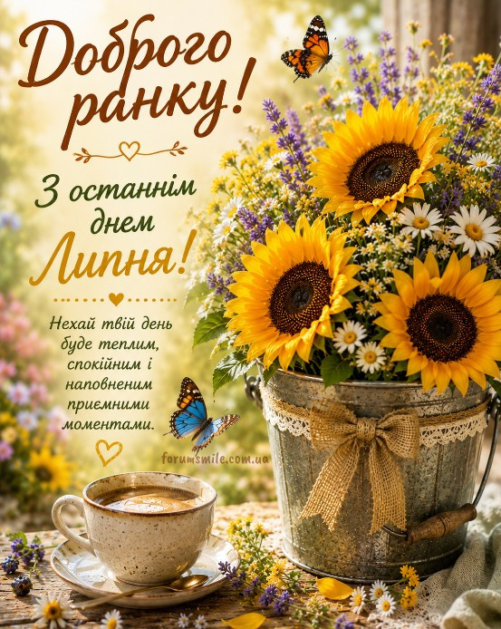 Ранкова листівка з соняшниками, метеликами та чашкою кави з написом Доброго ранку та з останнім днем липня