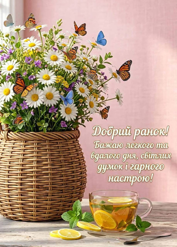 Листівка Добрий ранок з ромашками та чаєм з лимоном