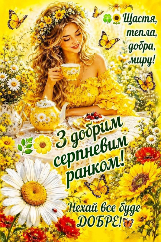 Листівка З добрим серпневим ранком: квіти та метелики