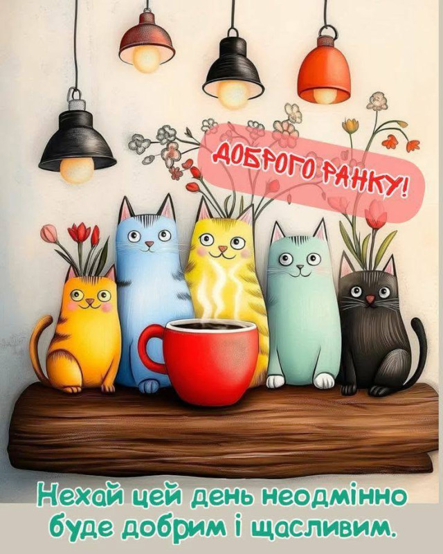 Листівка Доброго ранку з котиками та кавою | Гарний ранок