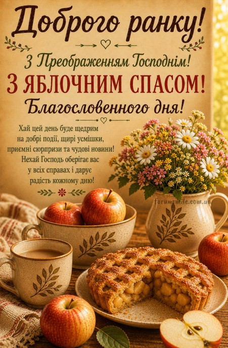 Святкова листівка на Яблучний Спас з яблучним пирогом, свіжими яблуками, горнятком чаю та букетом квітів у вазі.