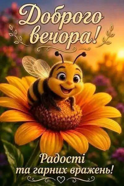 Листівка Доброго вечора: мила бджілка на квітці