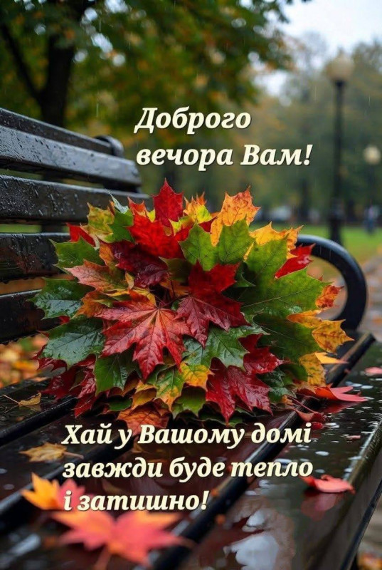 Барвистий букет осіннього кленового листя на мокрій лавці в парку з написом Доброго вечора та побажанням затишку.