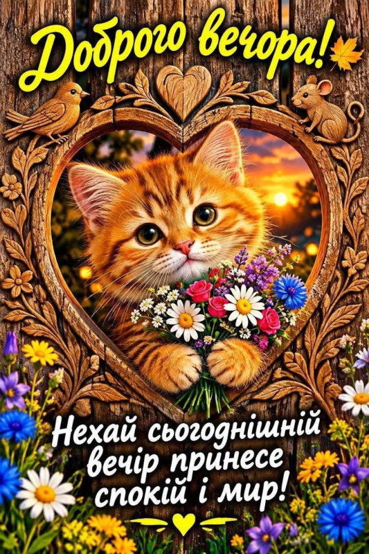 Листівка Доброго вечора: миле кошеня з квітами