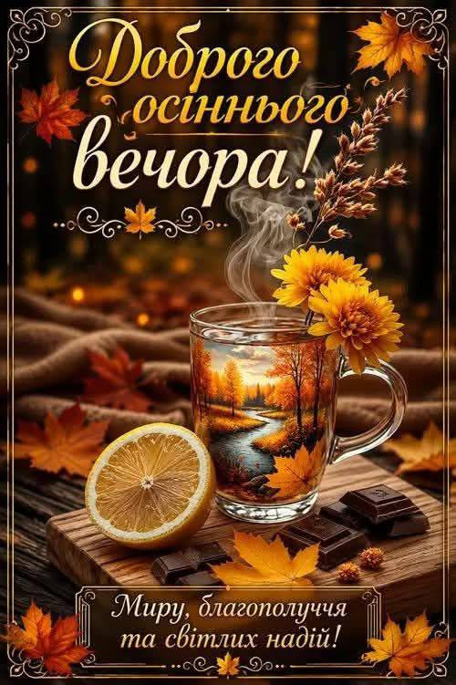 Листівка Доброго осіннього вечора, затишні побажання