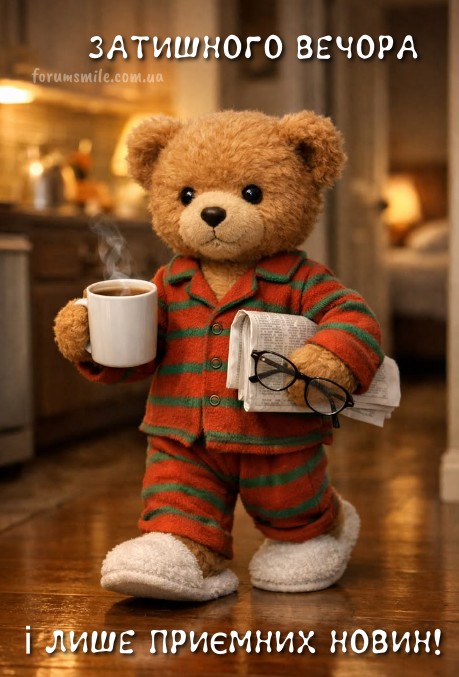 Плюшеве ведмежа у смугастій піжамі з чашкою кави та газетою, листівка Затишного вечора та приємних новин