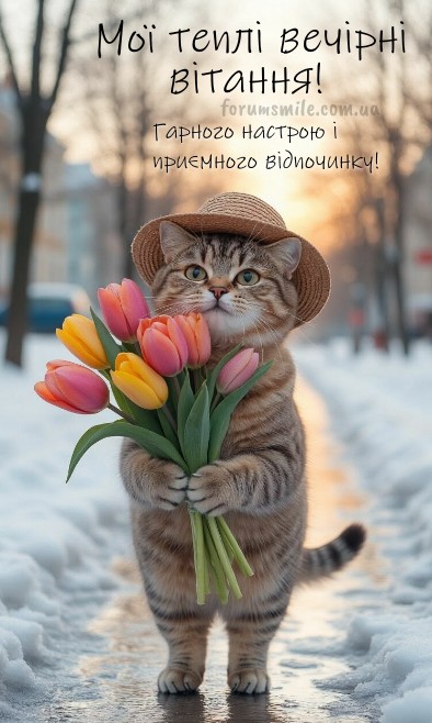 Листівка вечірнє привітання з котиком та тюльпанами
