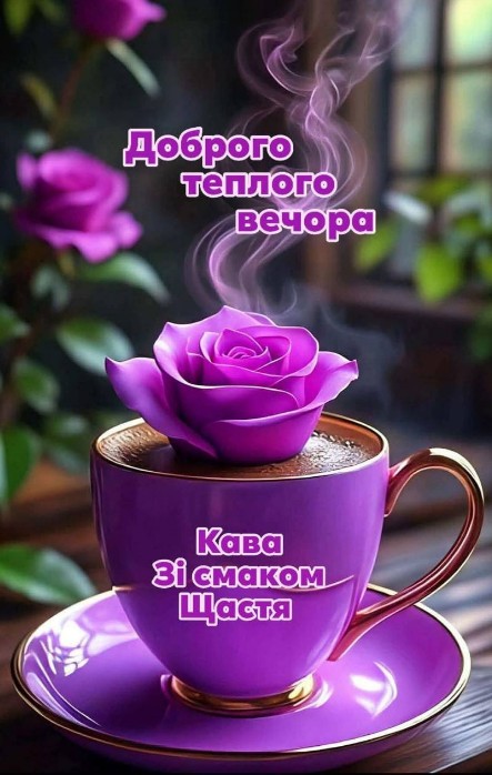 Листівка Доброго теплого вечора з фіолетовою трояндою