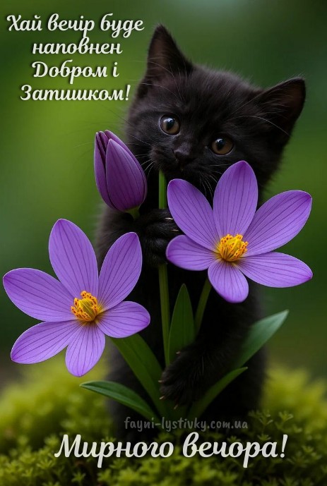 Миле чорне кошеня тримає фіолетові квіти на фоні природи з написом Мирного вечора