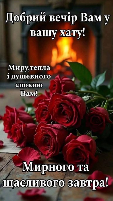 Листівка Добрий вечір: червоні троянди та камін