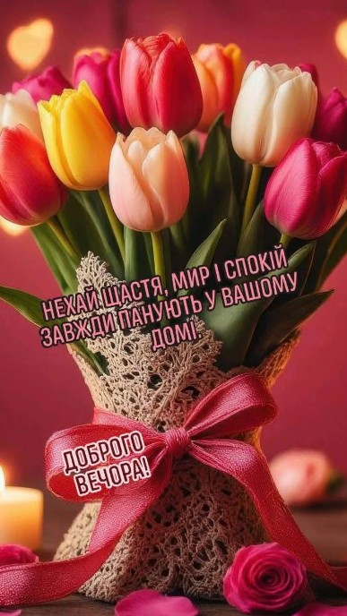 Листівка Доброго вечора з тюльпанами, побажання миру