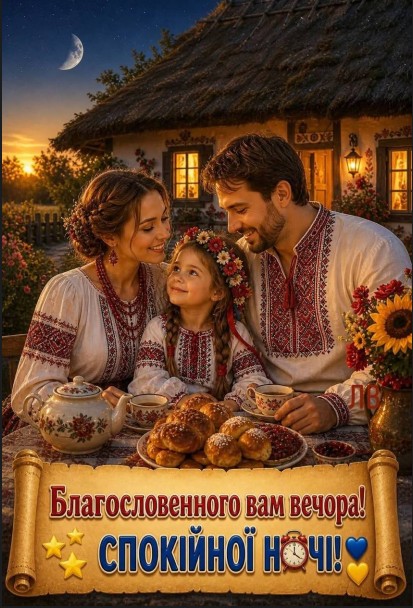 Листівка Доброї ночі: родина у вишиванках, затишний вечір