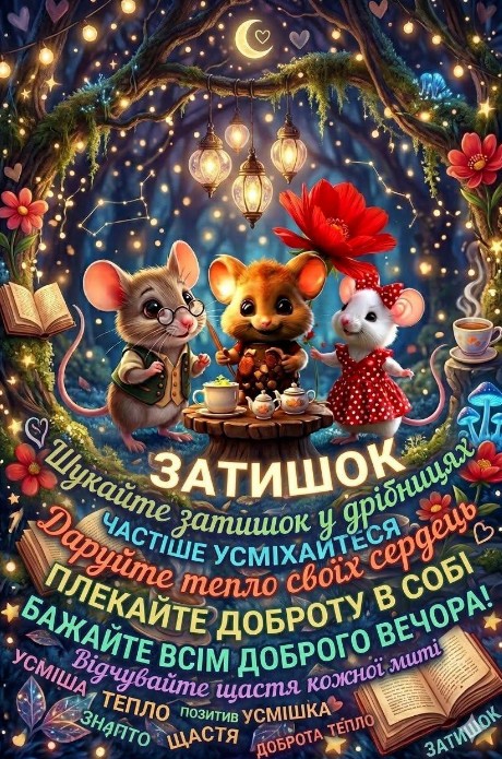 Листівка з побажанням затишного вечора та милими мишенятами
