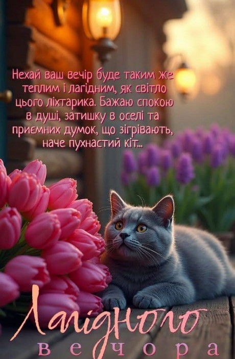 Листівка Лагідного вечора з котиком та тюльпанами