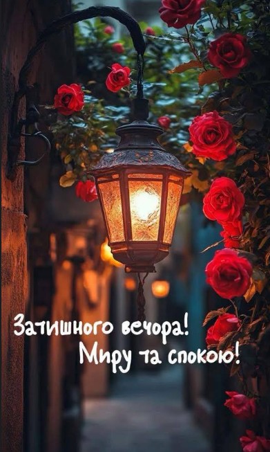 Гарна листівка з написом Затишного вечора, на якій зображений вуличний ліхтар та квітучі червоні троянди.