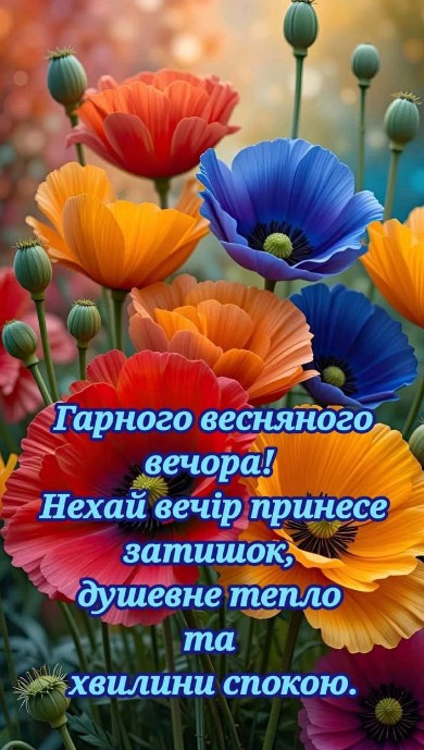 Листівка Гарного весняного вечора з яскравими маками