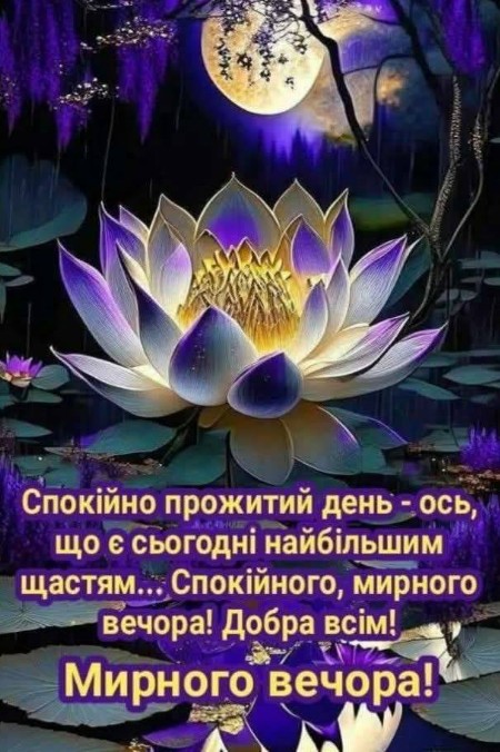 Листівка з побажанням спокійного та мирного вечора.