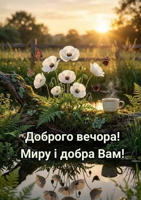 Красива вечірня листівка з теплим побажанням миру і добра.