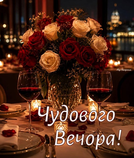 Листівка Чудового вечора: романтична вечеря з квітами та вином