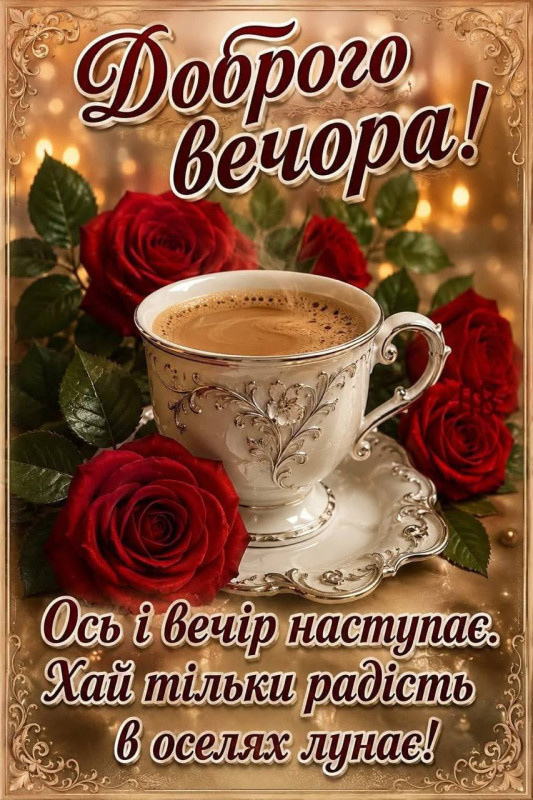 Листівка Доброго вечора з кавою та трояндами