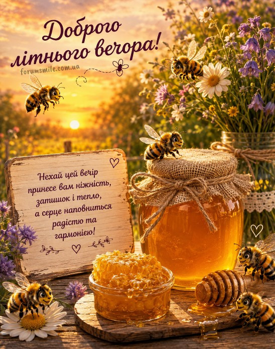 Затишна листівка з написом Доброго літнього вечора, банкою меду, стільниками та милими бджілками на фоні квітучого літнього саду.