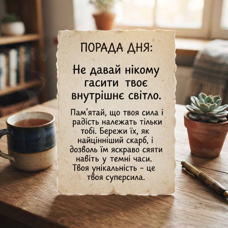 Листівка з мотиваційною цитатою: Порада дня про внутрішнє світло