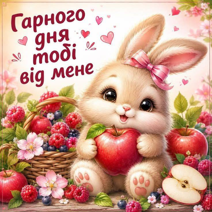 Листівка Гарного дня з милим кроликом, яблуками та ягодами