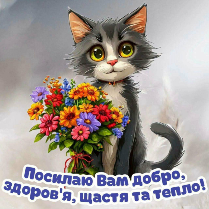 Листівка з котиком та побажанням добра, здоров'я та тепла