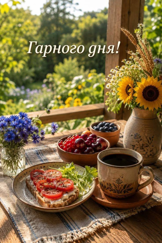 Затишний сніданок з тостом, ягодами та букетом соняшників на веранді з написом Гарного дня