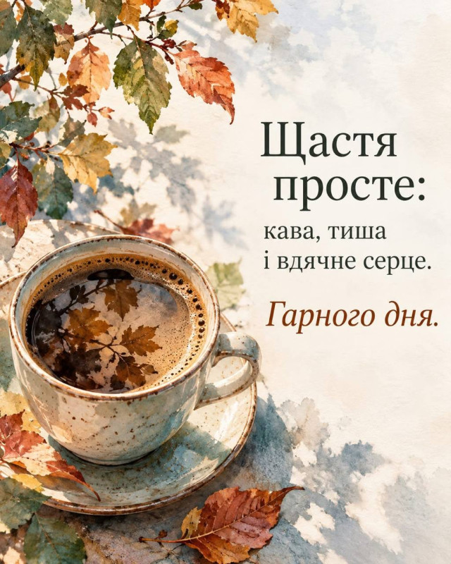 Чашка кави на фоні осіннього листя з написом українською мовою про просте щастя